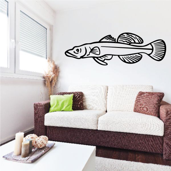 Walleye swimming wall decal, black line-art fish with flowing fins and tail.