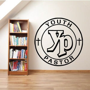Youth pastor decal: round black-and-white design with Youth Pastor text and cross icons
