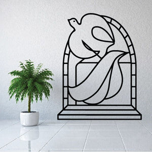 Dove decal with arched frame and motion lines, black and white design