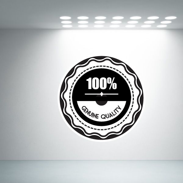 Circular vinyl wall decal badge in black and white with 100% and Genuine Quality text