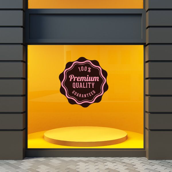 Vinyl wall decal quality badge with 100% Premium Quality Guaranteed text, dark purple and pink