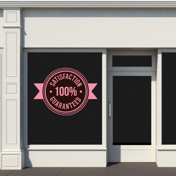 Vinyl wall decal with round Satisfaction Guaranteed 100% badge graphic, red and pink