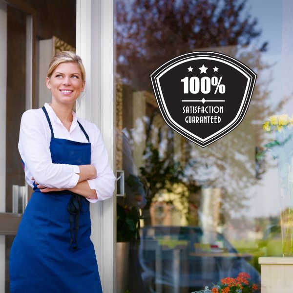 Vinyl wall decal badge: 100% Satisfaction Guaranteed in black and white