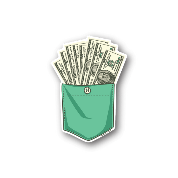 Cash vinyl sticker showing a wallet with layered US dollar bills