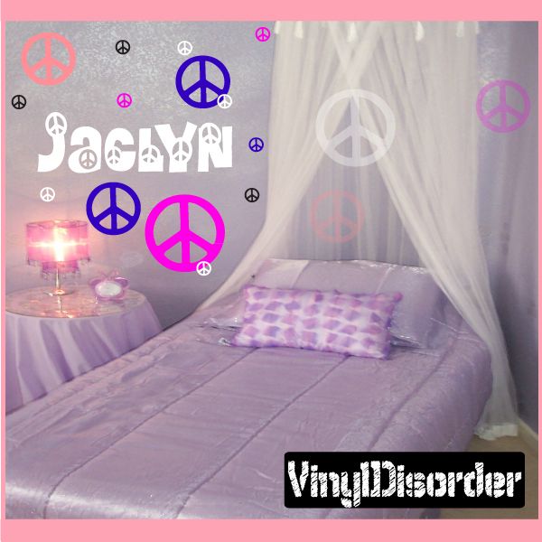 Peace sign wall decal set with custom name and colorful peace symbols