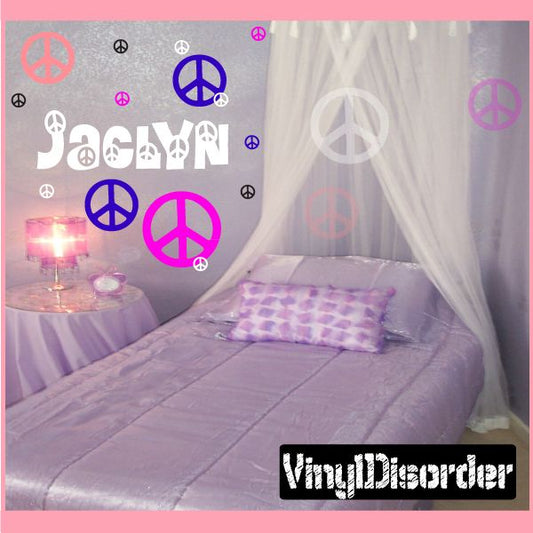 16 Peace Sign Wall Decals Kit with Custom Name