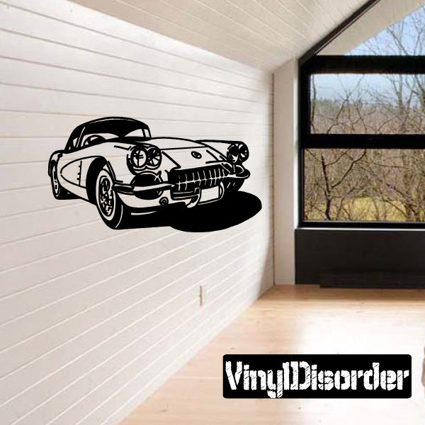 Classic 1960 Corvette wall decal in black and white, car front side profile
