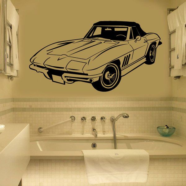 Vintage Corvette sports car decal, black line art on light background