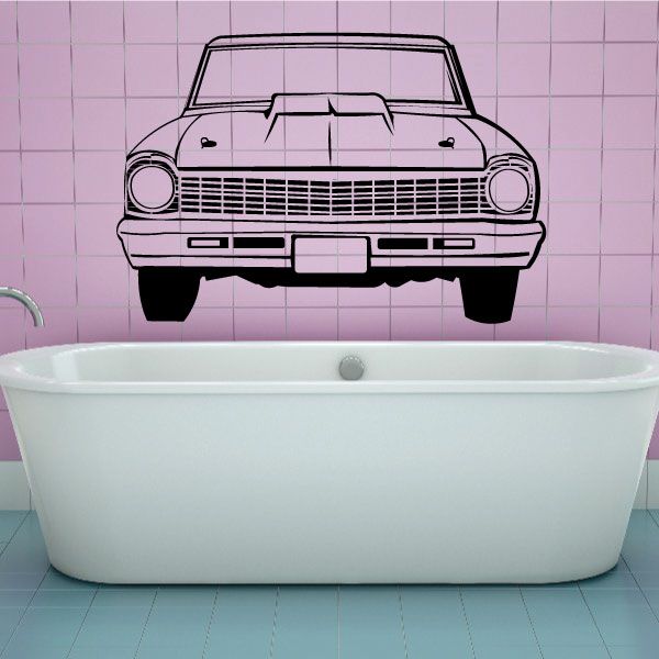 Vintage car front decal, line-art illustration with grille and headlights