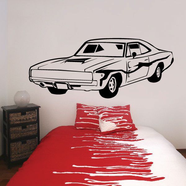 White 1968 Dodge Charger wall decal with black outline and wheels