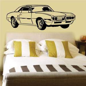Vintage 1968-style Pontiac Firebird wall decal, black outline car with wheels and grille