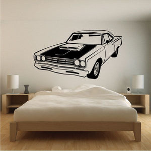 Black and white classic muscle car wall decal with hood scoop and grille