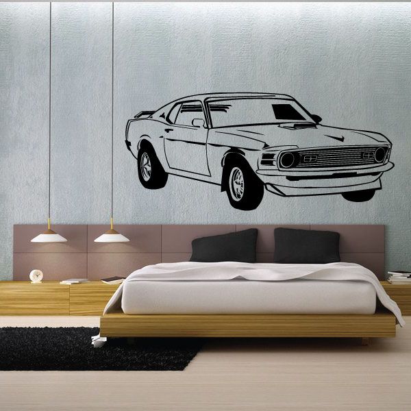 Classic 1970 Ford Mustang Boss 351 wall decal, side view car illustration in black and gray