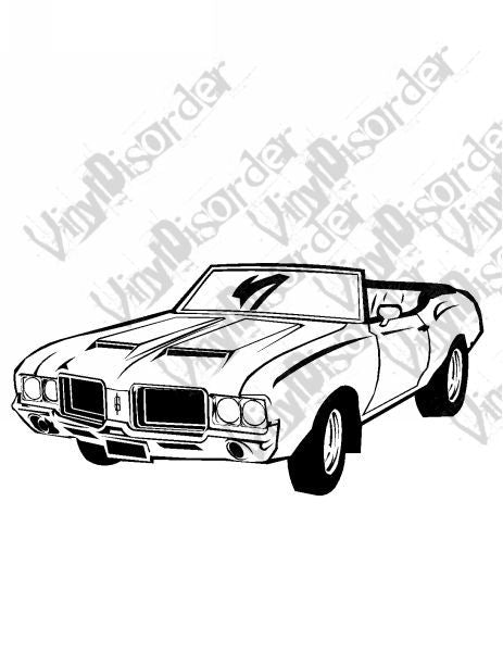 Convertible car decal featuring a vintage white muscle car line art, front 3/4 view