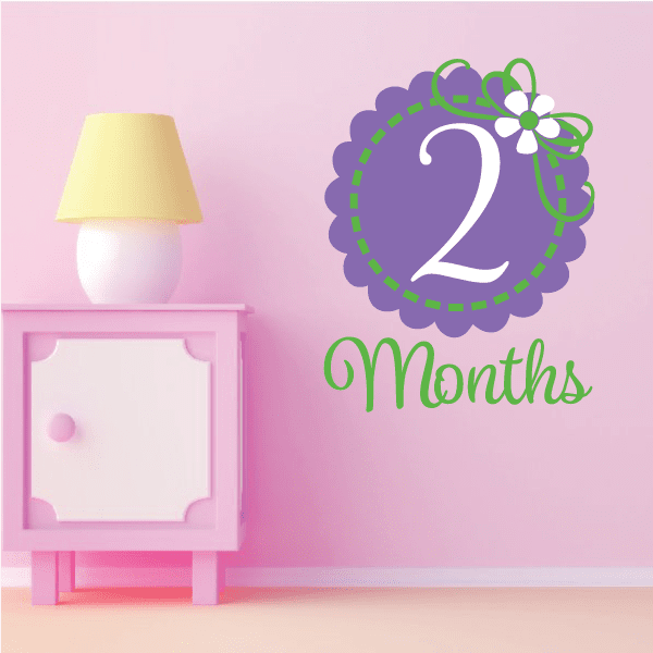 2-month wall decal: purple number 2 with green dotted border and white flower