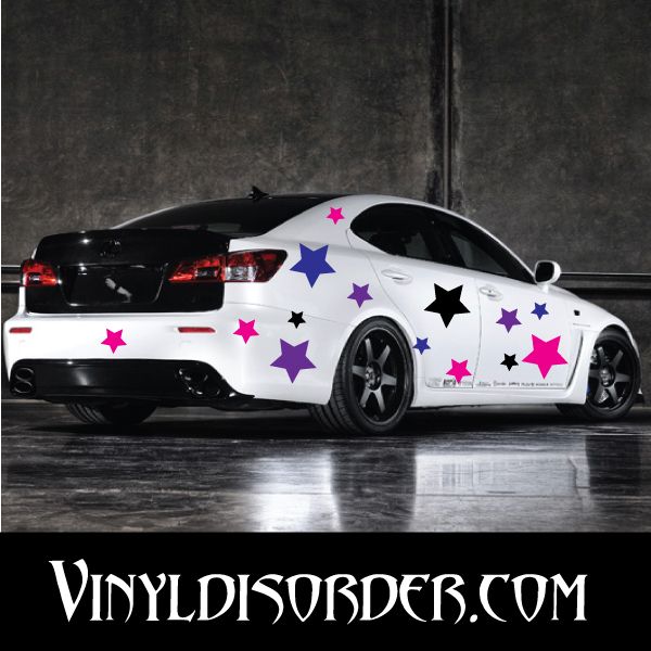 Vinyl star decal kit featuring colorful stars on a white car body