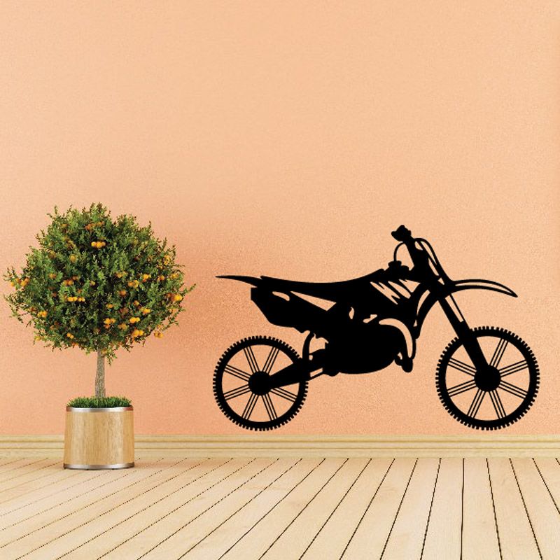 Dirt bike decal featuring a black side-view motorcycle silhouette on a light background