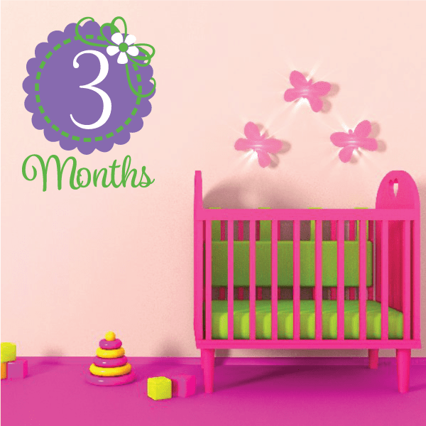 Wall decal with large purple “3” and green “Months”, plus pink flower accents