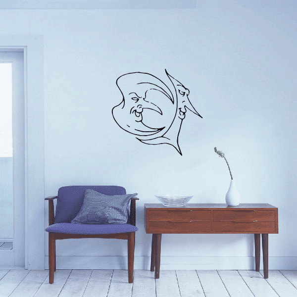 Stylized crescent moon face wall decal with thin black line art