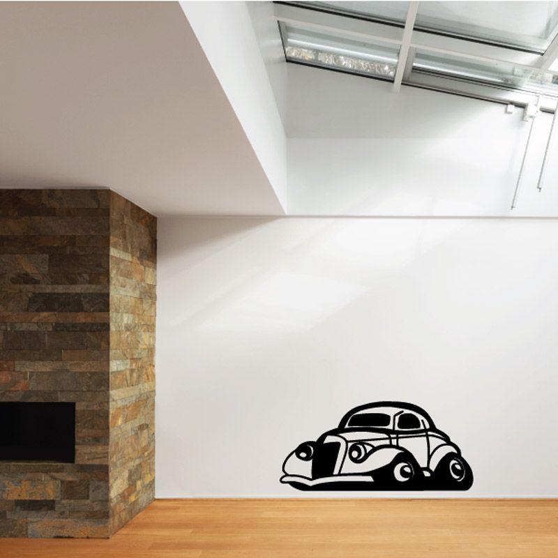 Cartoon car wall decal, black-and-white outline