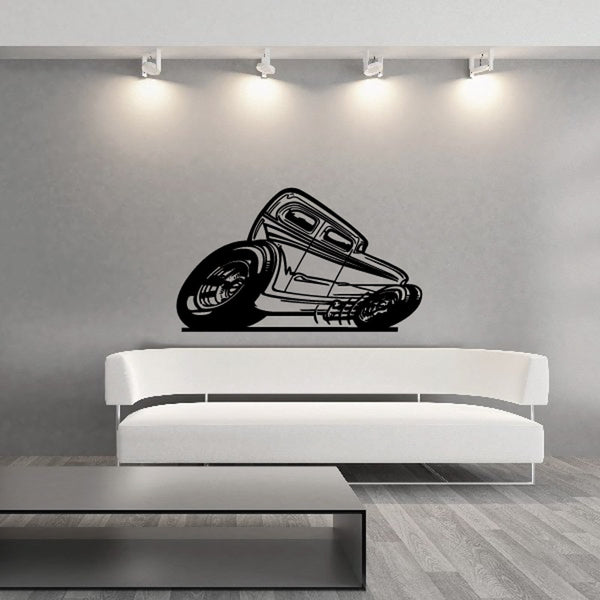Black cartoon Chevy-style 5-window car decal with bold outline and wheels