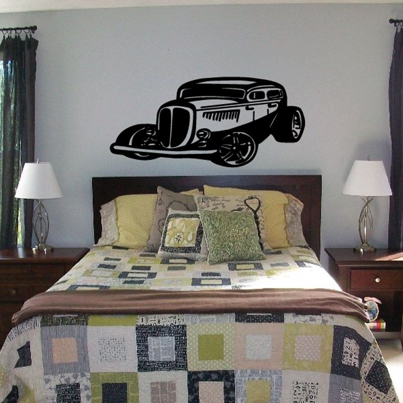 Black hot rod wall decal with detailed car silhouette