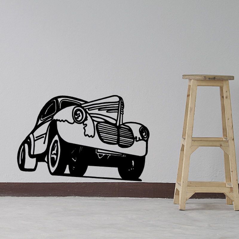 Vintage car decal with black-and-white hot rod couple graphic