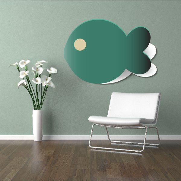 3D fish wall sticker, teal and dark accent with white fins and tail.