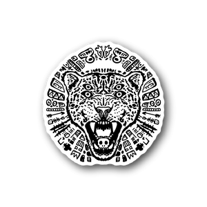 Circular vinyl sticker with black-and-white tiger face artwork