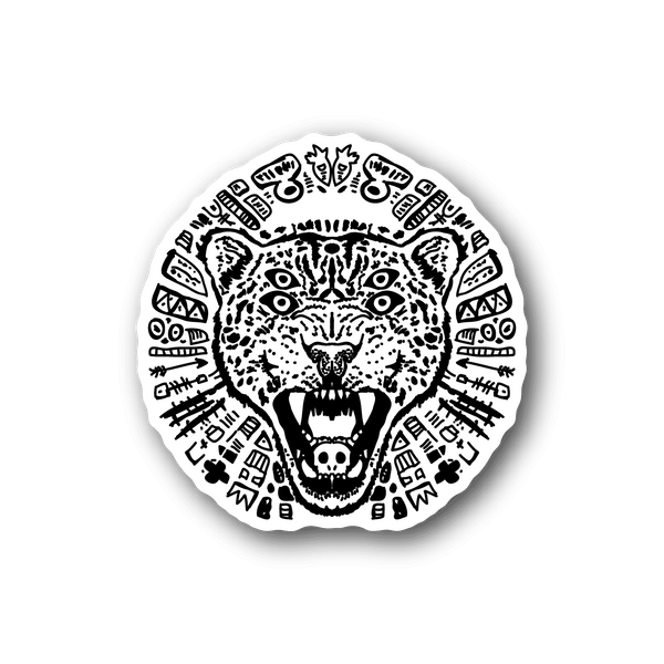 Circular vinyl sticker with black-and-white tiger face artwork