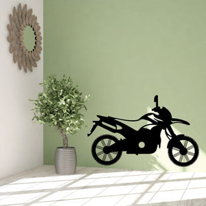 Black dirt bike decal silhouette, side view with spoked wheels and kickstand