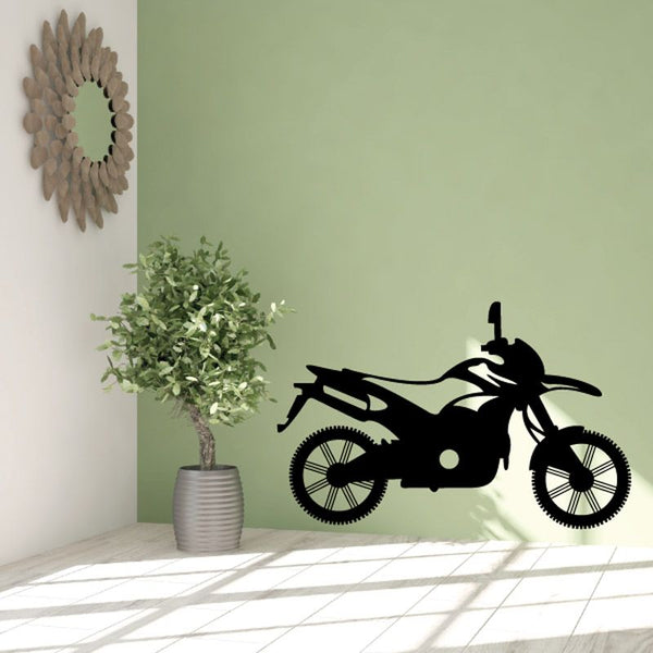 Black dirt bike decal silhouette, side view with spoked wheels and kickstand