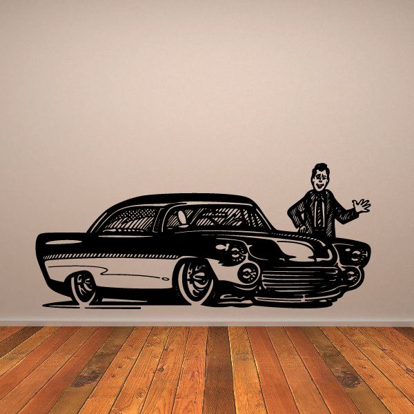 Cartoon car decal with waving man, black and white line art