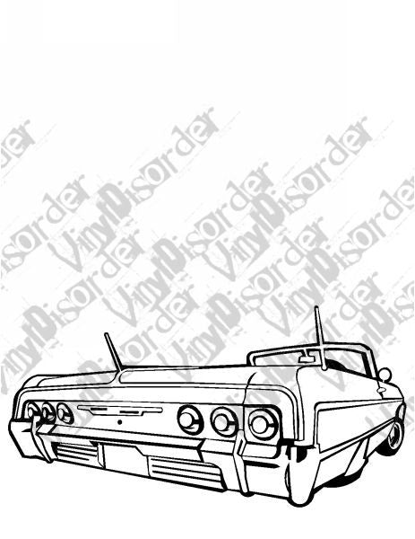 Lowrider car decal, outlined front view, black-and-white line art