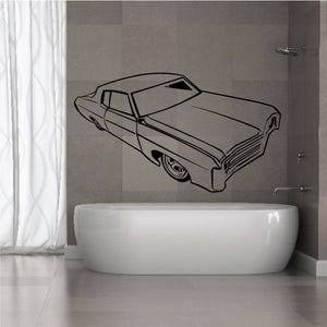 Lowrider car wall decal, black line art above bathtub