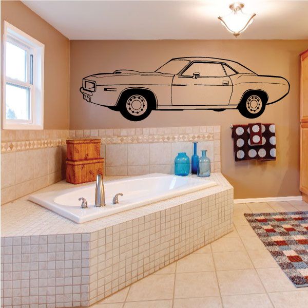 Classic muscle car wall decal in black on light-colored background, side profile