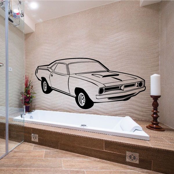 White car wall decal with black outline, classic muscle car side profile.