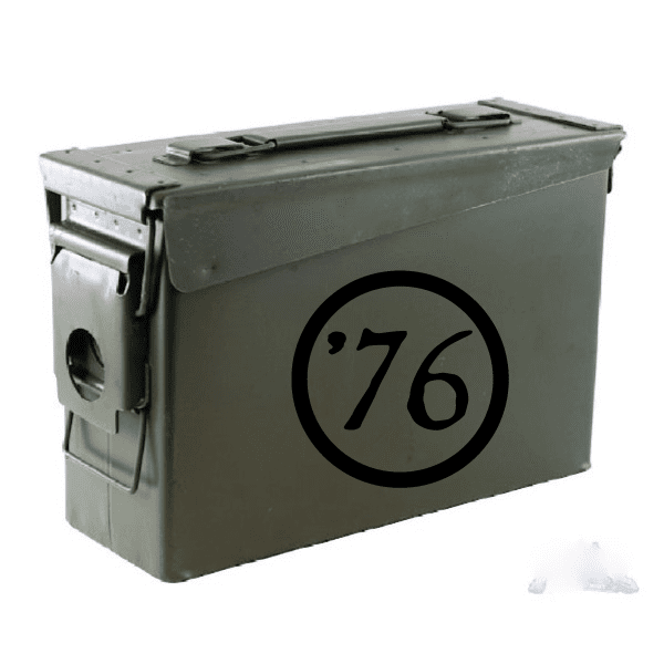 76 circular decal on dark green metal box