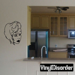 80s hair decal: black line art of a woman’s face with short bob haircut