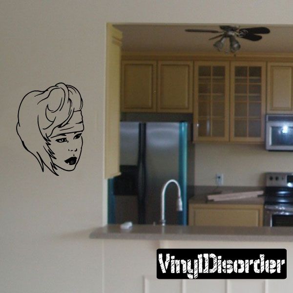80s hair decal: black line art of a woman’s face with short bob haircut