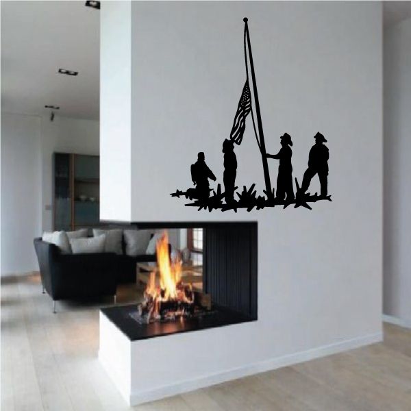 First responder memorial decal: firefighter silhouettes with flag, black wall sticker