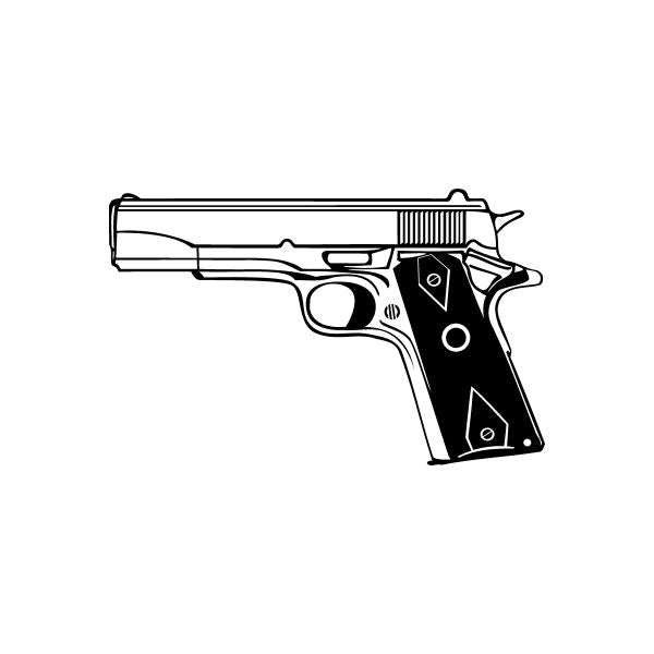 9mm semi-automatic pistol detail decal, black and white line art with textured grip