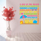 Beach word collage decal with colorful text, umbrella, sunglasses, seashells and heart