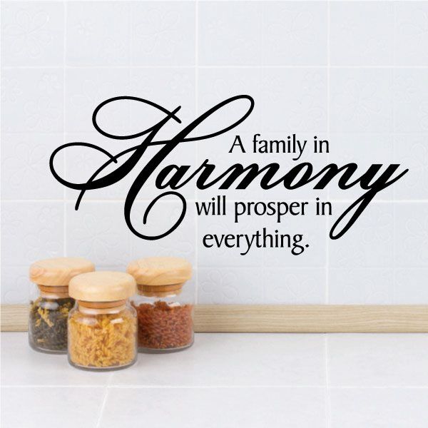 Wall decal with cursive Harmony and quote text for family prosperity