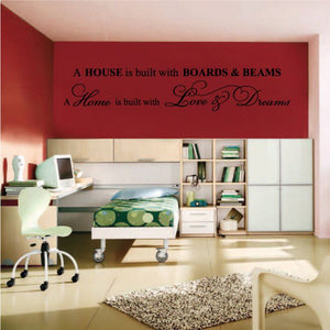 Wedding quote wall decal reading "A HOME is built with Love & Dreams"