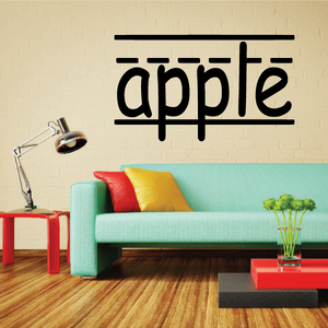Apple word decal with outlined letters and drip accents on wall