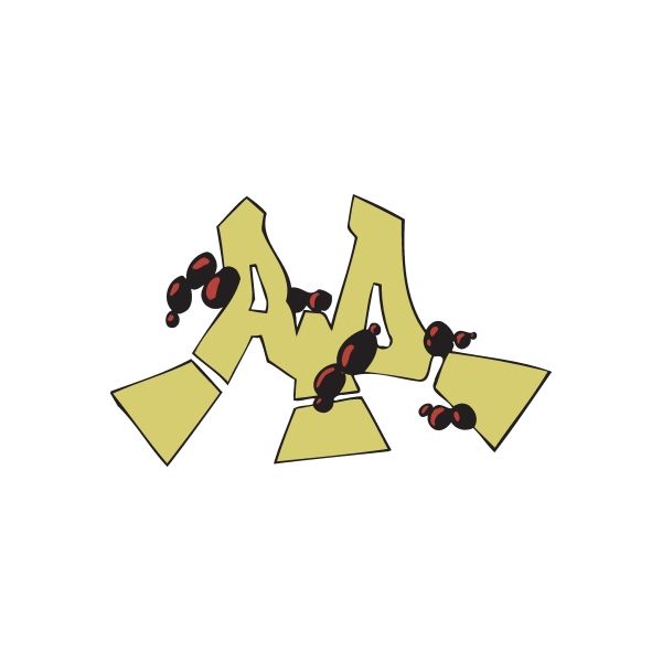Graffiti sticker with light yellow letters and black with red dot accents