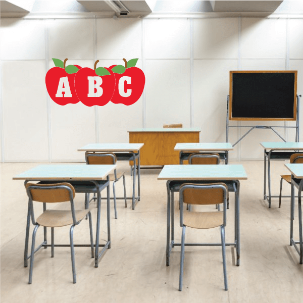 Apple-shaped ABC sticker with red apples and white letters