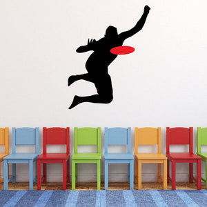 Frisbee grab decal with black silhouette and red flying disc