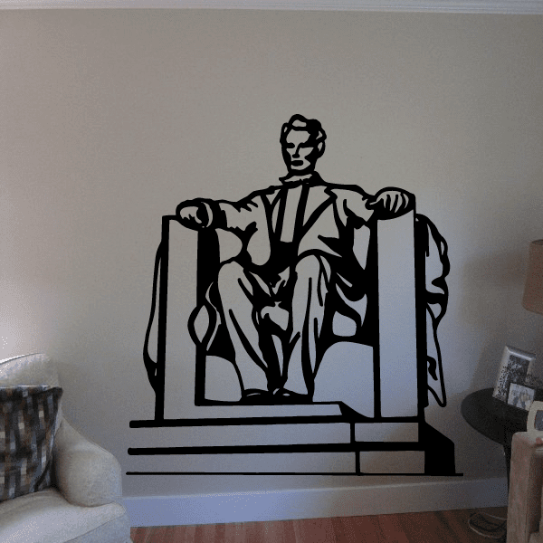Seated Abraham Lincoln monument decal, black silhouette with stone pedestal base
